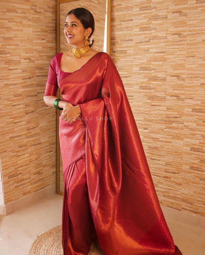 Pleasurable Maroon Pure Soft Banarasi Silk Saree With Snazzy Blouse Piece - Almaari Fashion