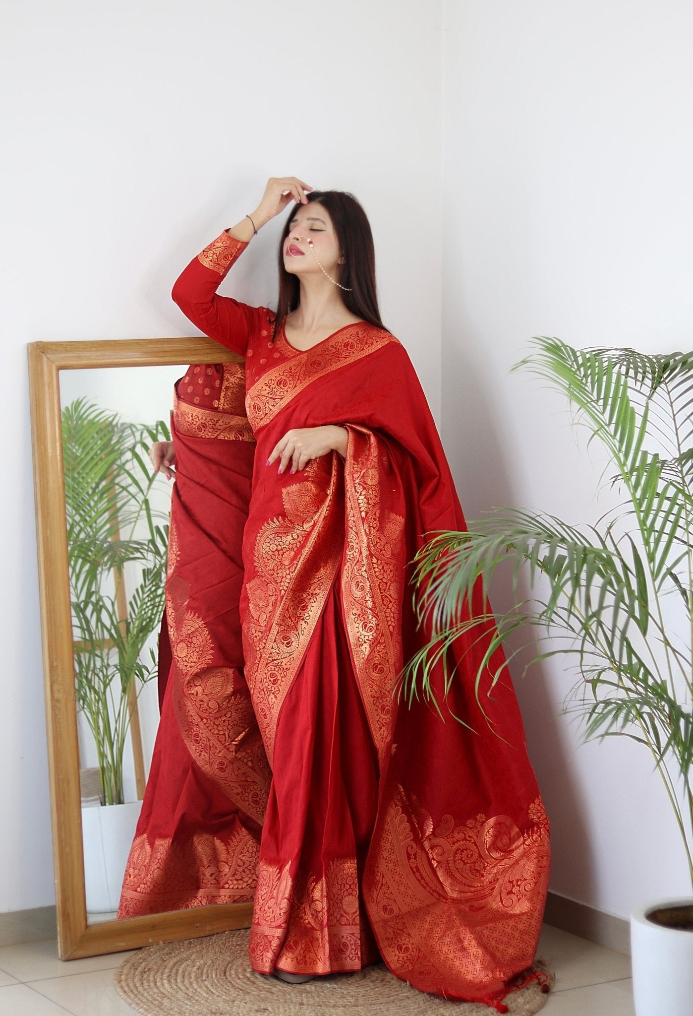 Preferable Maroon Pure Kanjivaram Silk Saree Weaved With Copper Zari Comes With Confounding Blouse Piece - Almaari Fashion