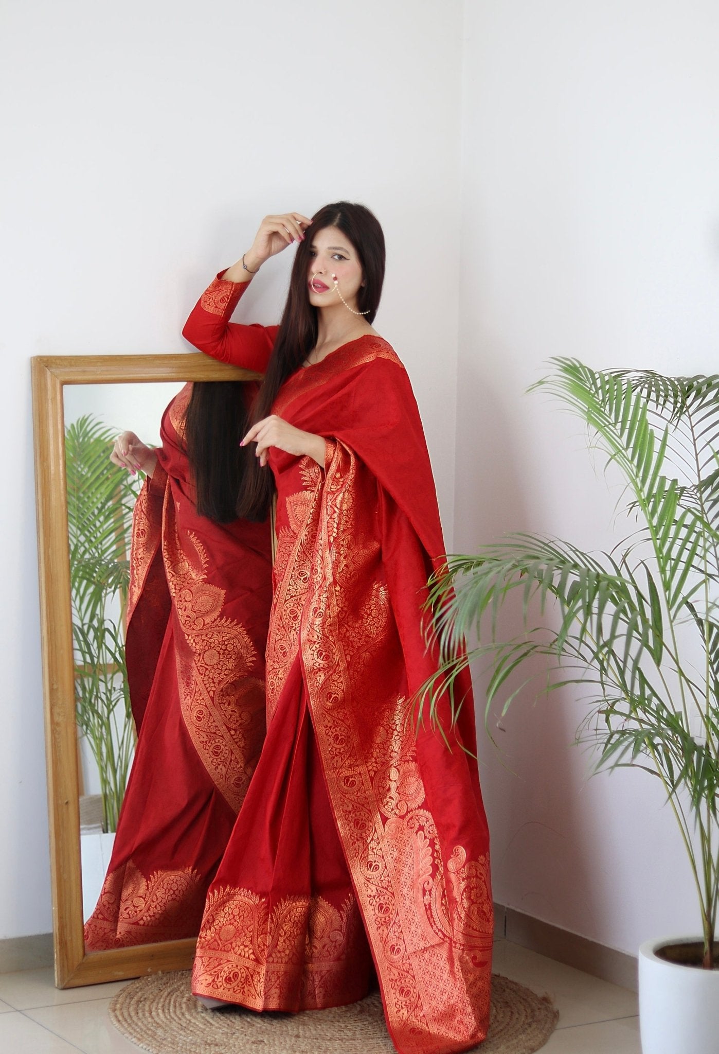 Preferable Maroon Pure Kanjivaram Silk Saree Weaved With Copper Zari Comes With Confounding Blouse Piece - Almaari Fashion