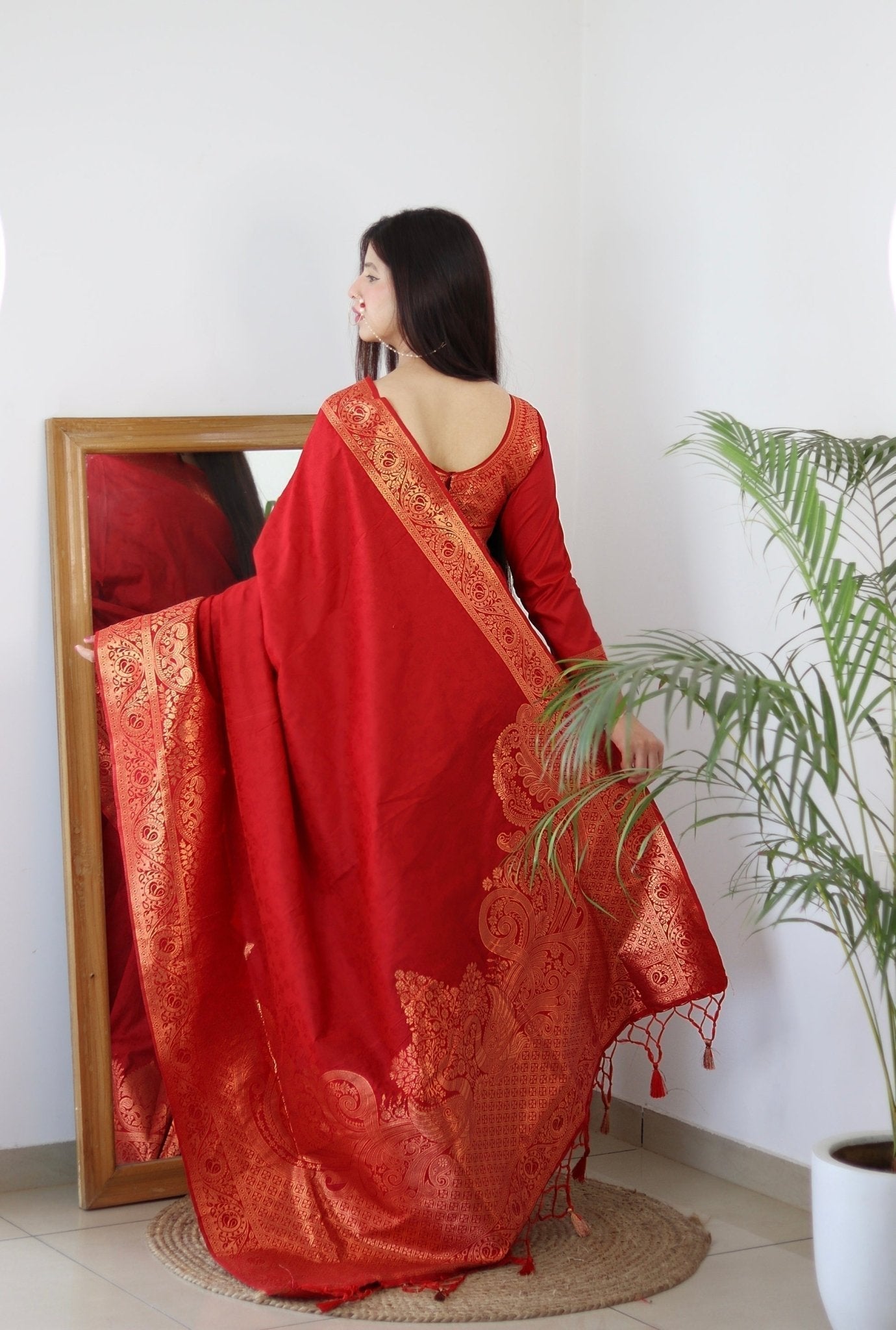 Preferable Maroon Pure Kanjivaram Silk Saree Weaved With Copper Zari Comes With Confounding Blouse Piece - Almaari Fashion