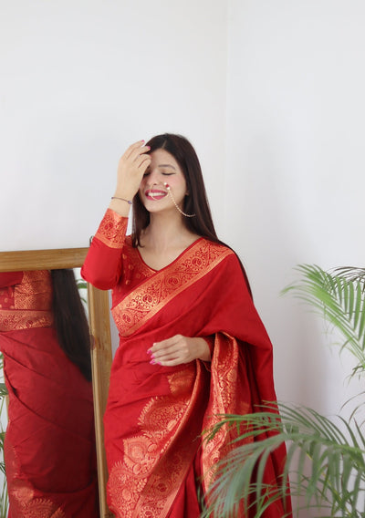 Preferable Maroon Pure Kanjivaram Silk Saree Weaved With Copper Zari Comes With Confounding Blouse Piece - Almaari Fashion