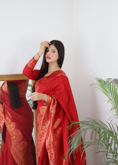 Preferable Maroon Pure Kanjivaram Silk Saree Weaved With Copper Zari Comes With Confounding Blouse Piece - Almaari Fashion