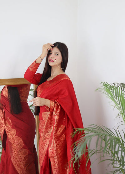 Preferable Maroon Pure Kanjivaram Silk Saree Weaved With Copper Zari Comes With Confounding Blouse Piece - Almaari Fashion