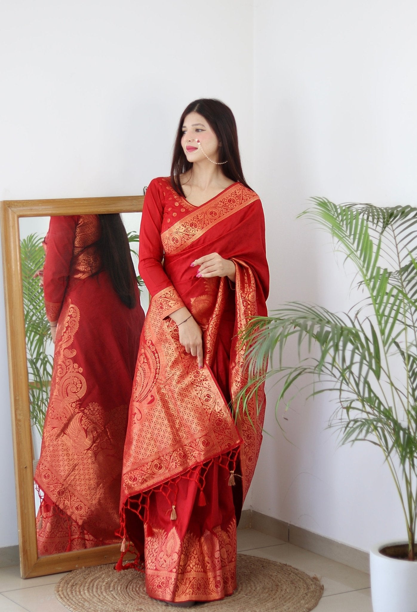 Preferable Maroon Pure Kanjivaram Silk Saree Weaved With Copper Zari Comes With Confounding Blouse Piece - Almaari Fashion