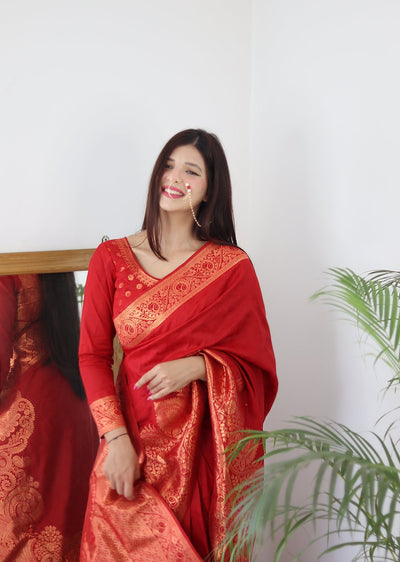 Preferable Maroon Pure Kanjivaram Silk Saree Weaved With Copper Zari Comes With Confounding Blouse Piece - Almaari Fashion