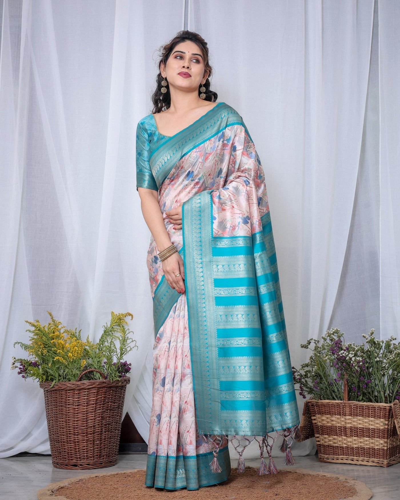 Pure Banarasi Digitally Printed Silk Saree Weaved With Zari Comes With Tassels. - Almaari Fashion