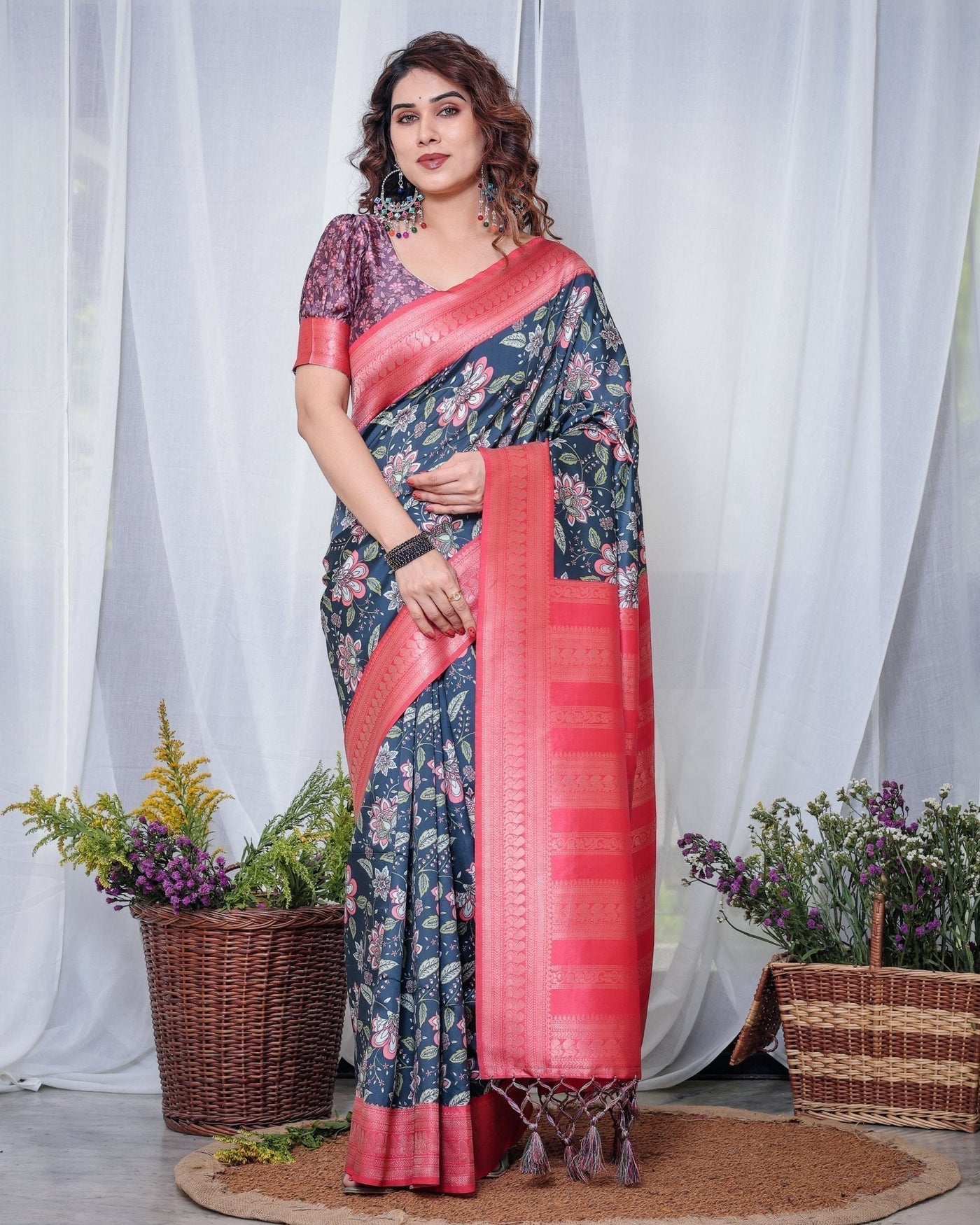 Pure Banarasi Digitally Printed Silk Saree Weaved With Zari Comes With Tassels. - Almaari Fashion