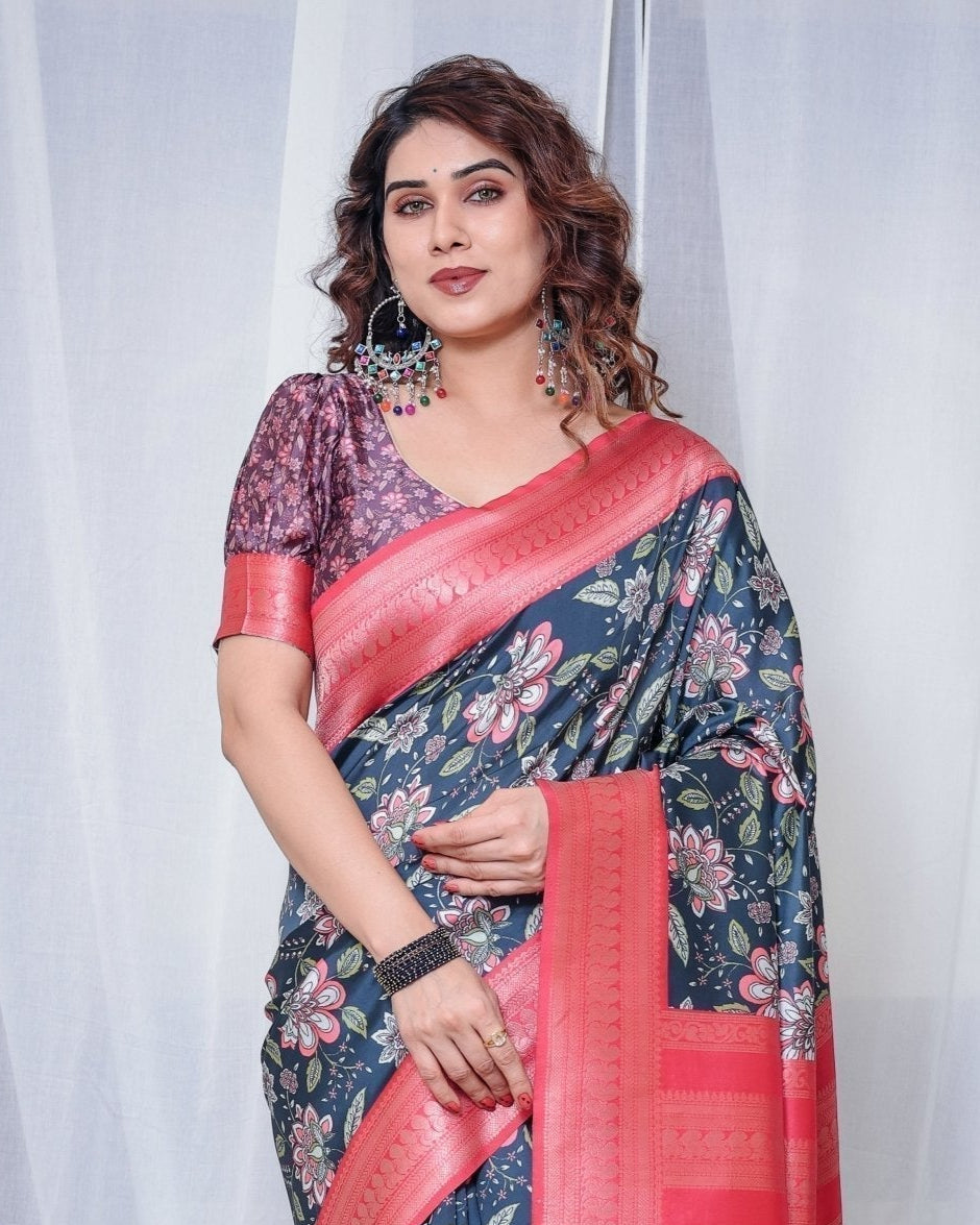 Pure Banarasi Digitally Printed Silk Saree Weaved With Zari Comes With Tassels. - Almaari Fashion