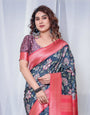 Regal Navy Blue and Pink Floral Banarasi Silk Saree with Tassels