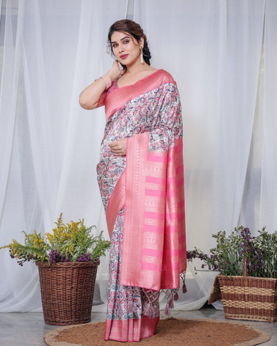 Pure Banarasi Digitally Printed Silk Saree Weaved With Zari Comes With Tassels. - Almaari Fashion