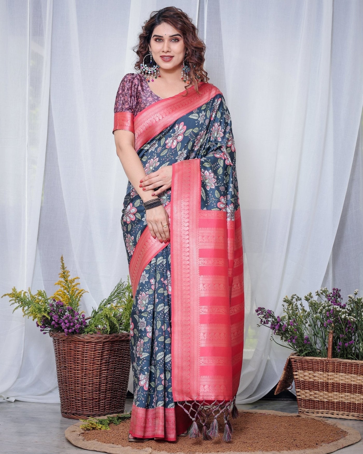 Pure Banarasi Digitally Printed Silk Saree Weaved With Zari Comes With Tassels. - Almaari Fashion