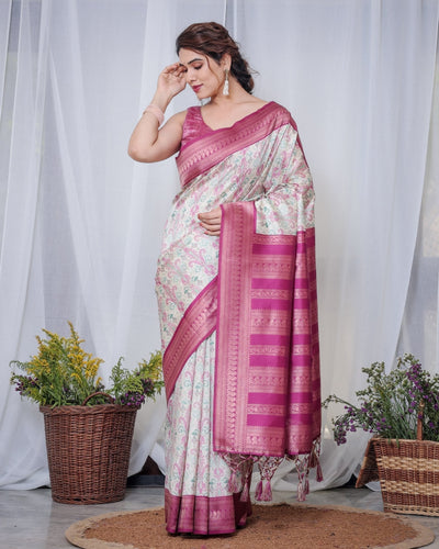 Pure Banarasi Digitally Printed Silk Saree Weaved With Zari Comes With Tassels. - Almaari Fashion