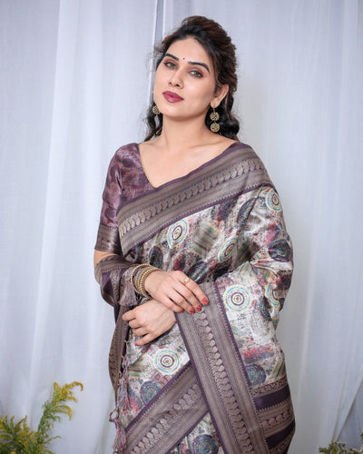 Pure Banarasi Digitally Printed Silk Saree Weaved With Zari Comes With Tassels. - Almaari Fashion