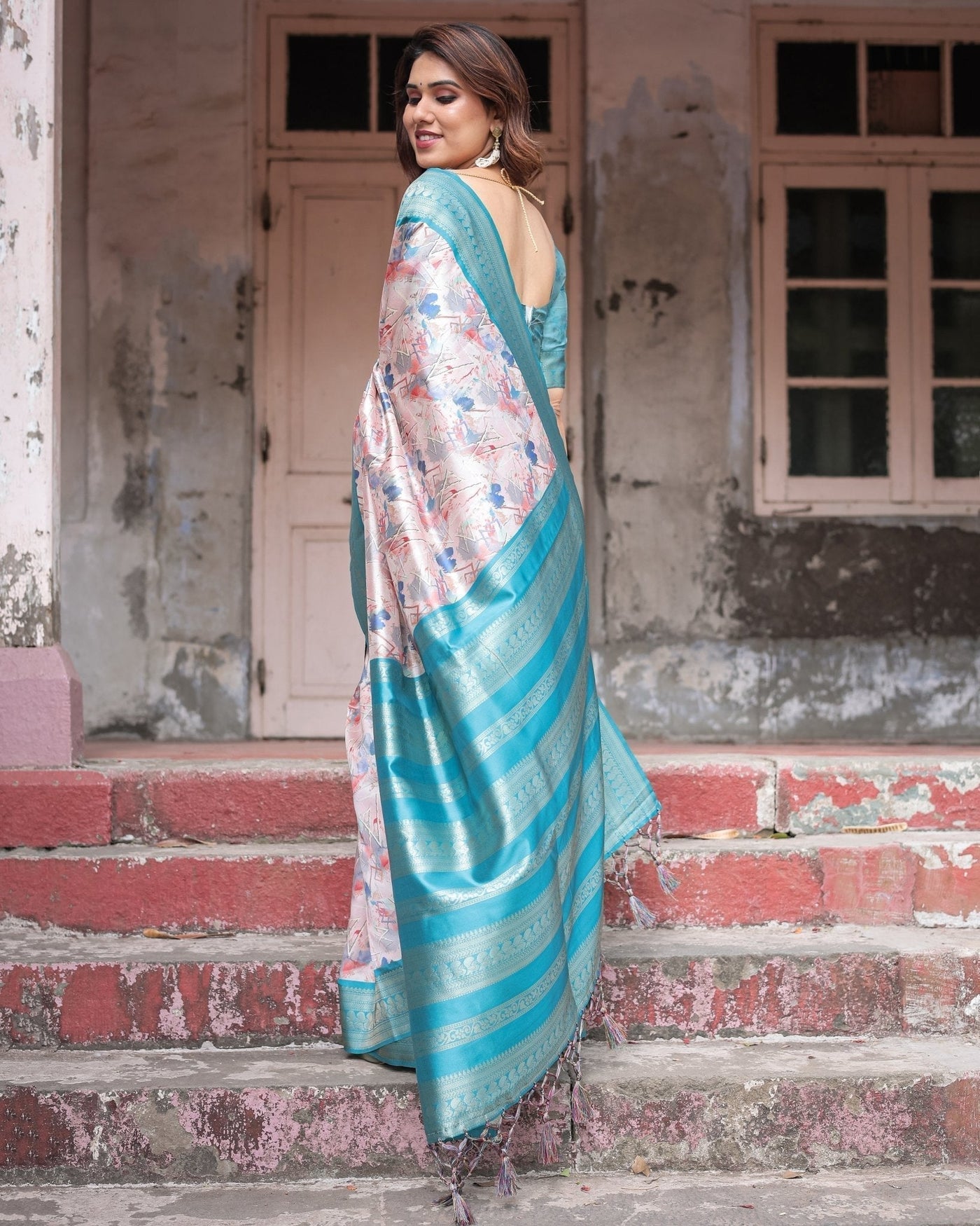 Pure Banarasi Digitally Printed Silk Saree Weaved With Zari Comes With Tassels - Almaari Fashion