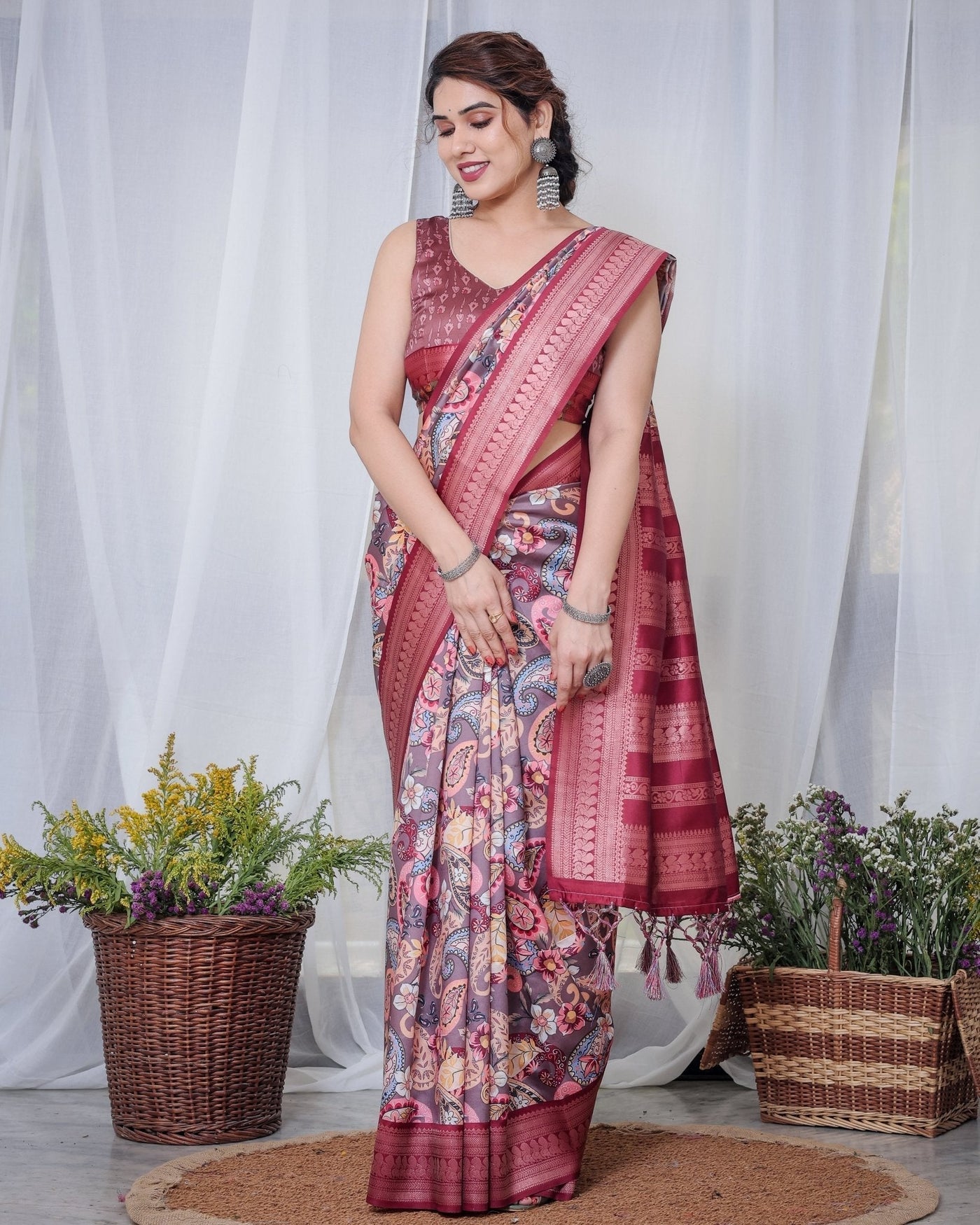 Pure Banarasi Digitally Printed Silk Saree Weaved With Zari Comes With Tassels. - Almaari Fashion