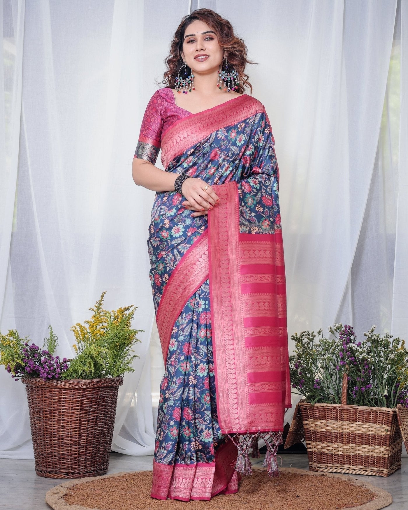 Pure Banarasi Digitally Printed Silk Saree Weaved With Zari Comes With Tassels. - Almaari Fashion