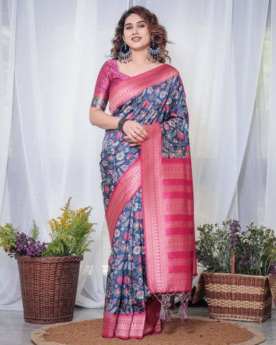 Pure Banarasi Digitally Printed Silk Saree Weaved With Zari Comes With Tassels. - Almaari Fashion