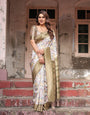 Pure Banarasi Digitally Printed Silk Saree Weaved With Zari Comes With Tassels