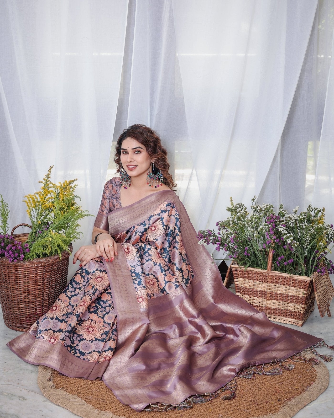 Pure Banarasi Digitally Printed Silk Saree Weaved With Zari Comes With Tassels. - Almaari Fashion