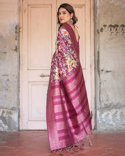 Pure Banarasi Digitally Printed Silk Saree Weaved With Zari Comes With Tassels. - Almaari Fashion