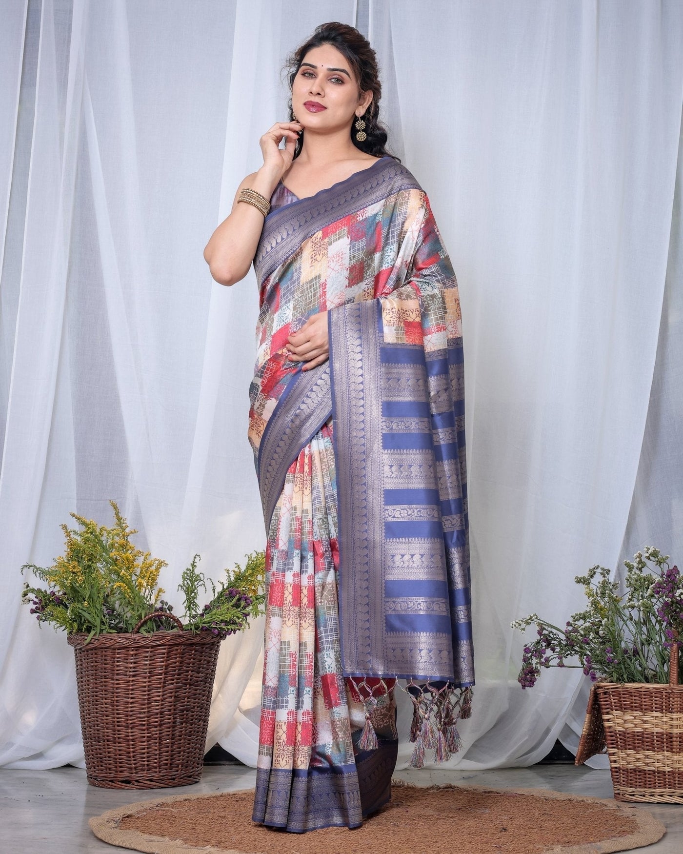 Pure Banarasi Digitally Printed Silk Saree Weaved With Zari Comes With Tassels. - Almaari Fashion