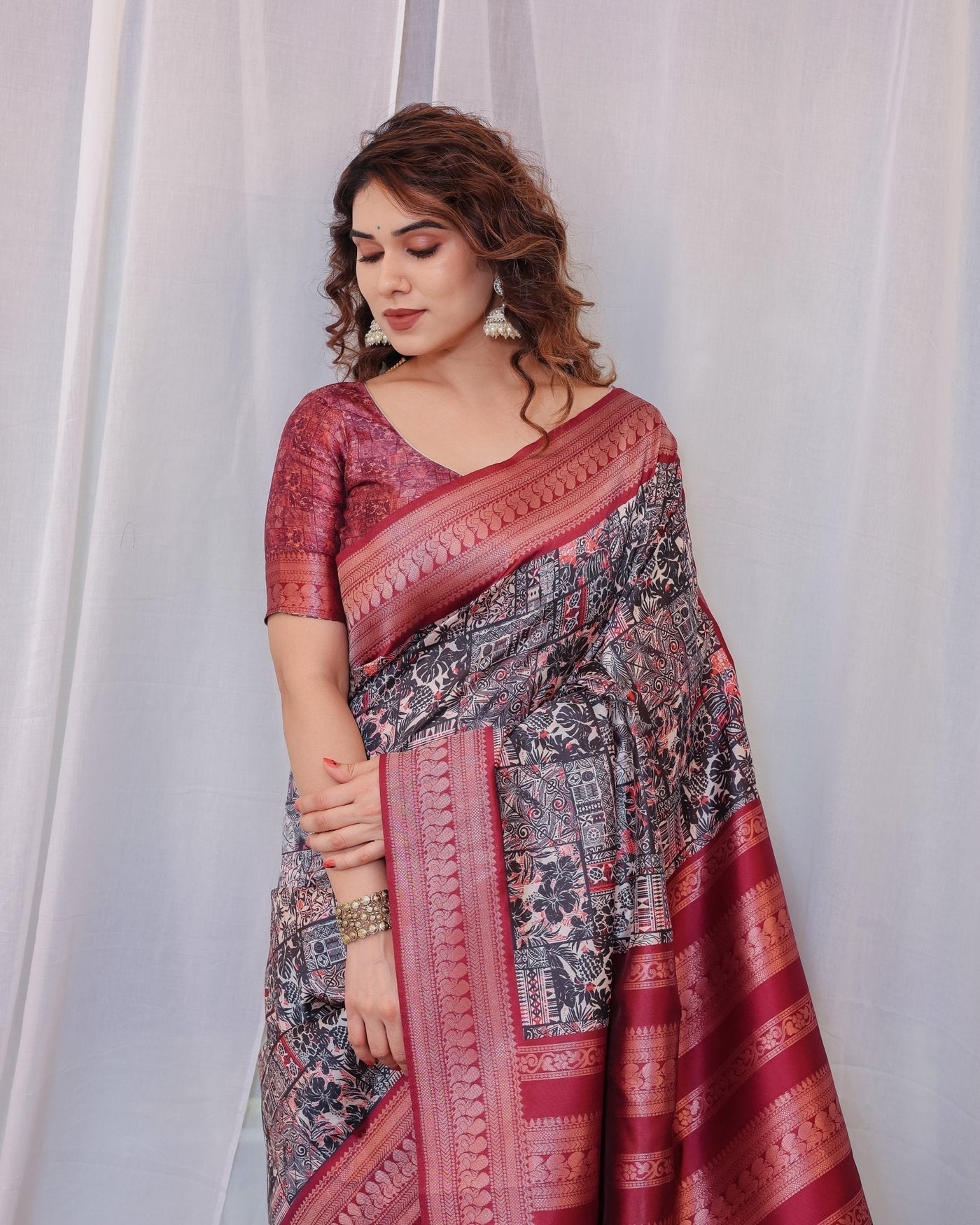 Pure Banarasi Digitally Printed Silk Saree Weaved With Zari Comes With Tassels. - Almaari Fashion