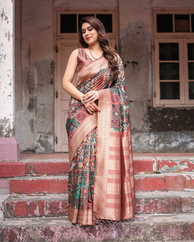 Pure Banarasi Digitally Printed Silk Saree Weaved With Zari Comes With Tassels - Almaari Fashion