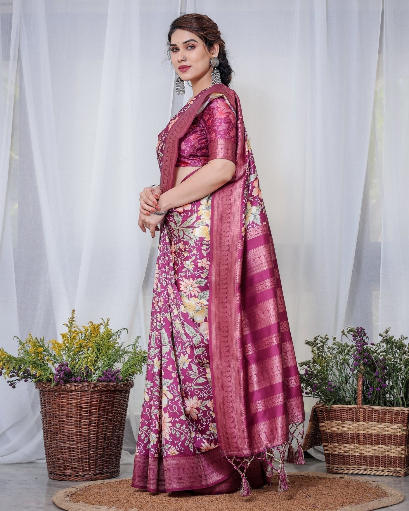 Pure Banarasi Digitally Printed Silk Saree Weaved With Zari Comes With Tassels. - Almaari Fashion