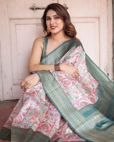 Pure Banarasi Digitally Printed Silk Saree Weaved With Zari Comes With Tassels. - Almaari Fashion