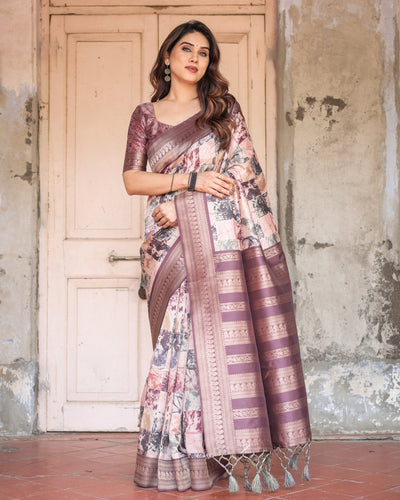 Pure Banarasi Digitally Printed Silk Saree Weaved With Zari Comes With Tassels. - Almaari Fashion