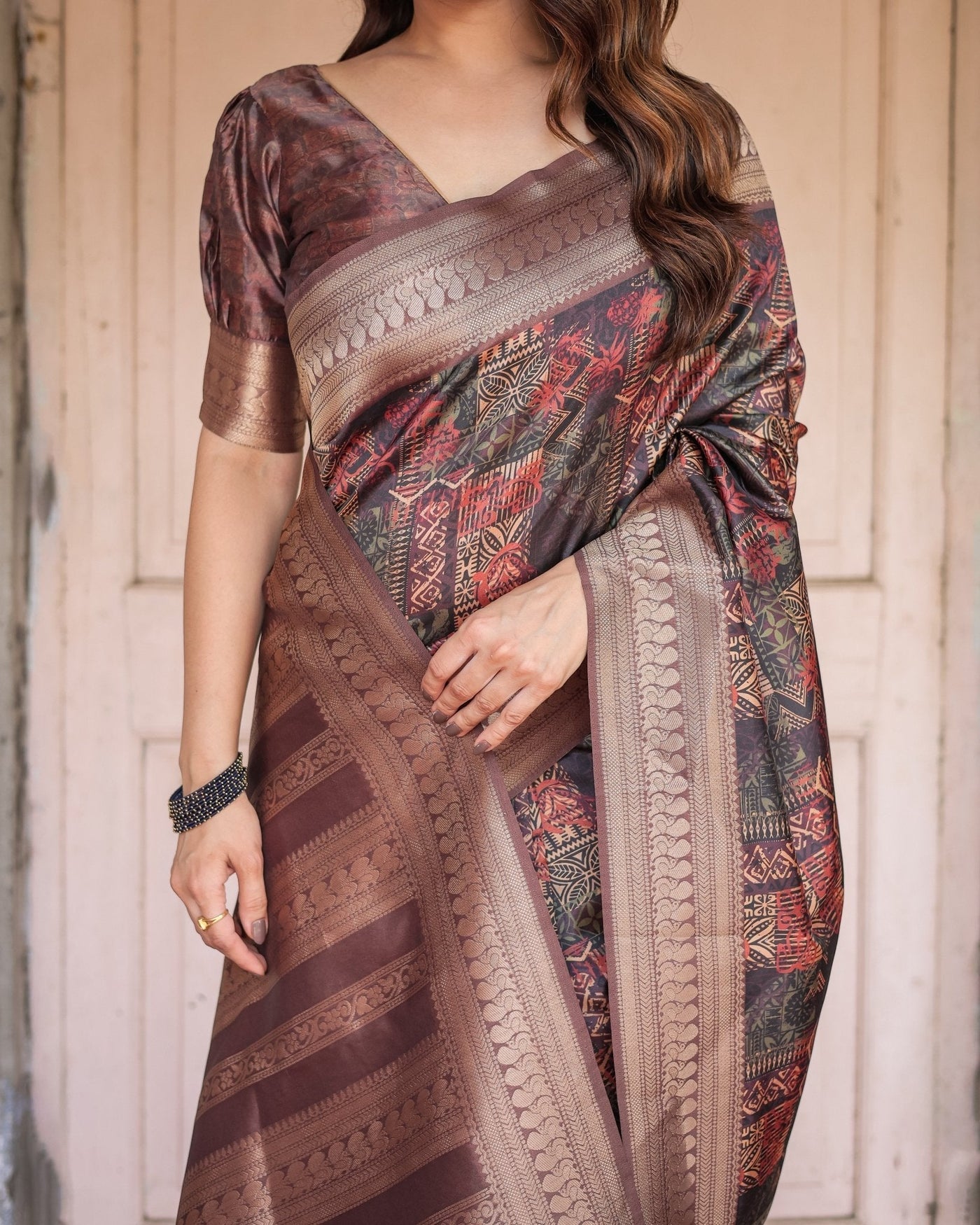 Pure Banarasi Digitally Printed Silk Saree Weaved With Zari Comes With Tassels. - Almaari Fashion