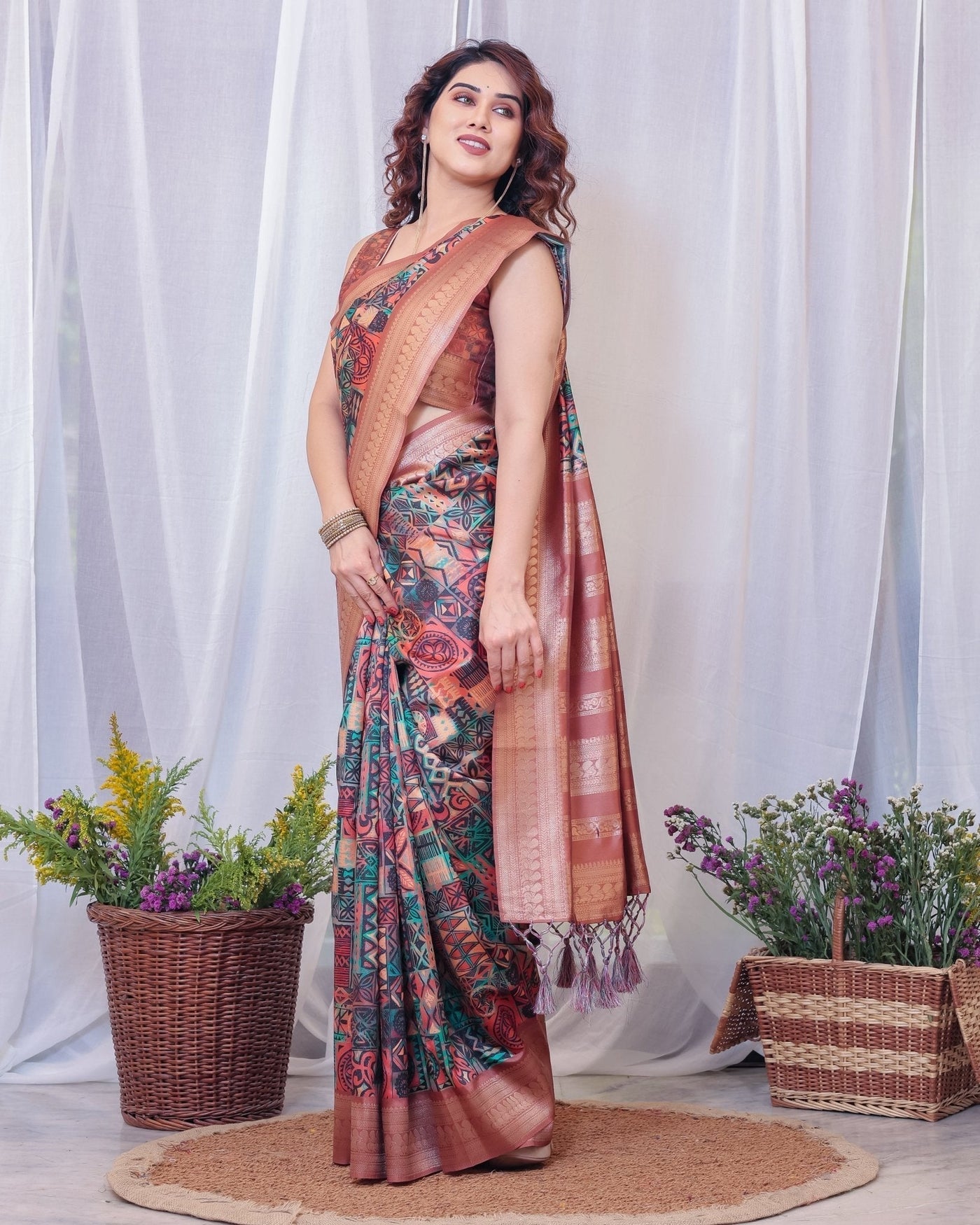 Pure Banarasi Digitally Printed Silk Saree Weaved With Zari Comes With Tassels. - Almaari Fashion