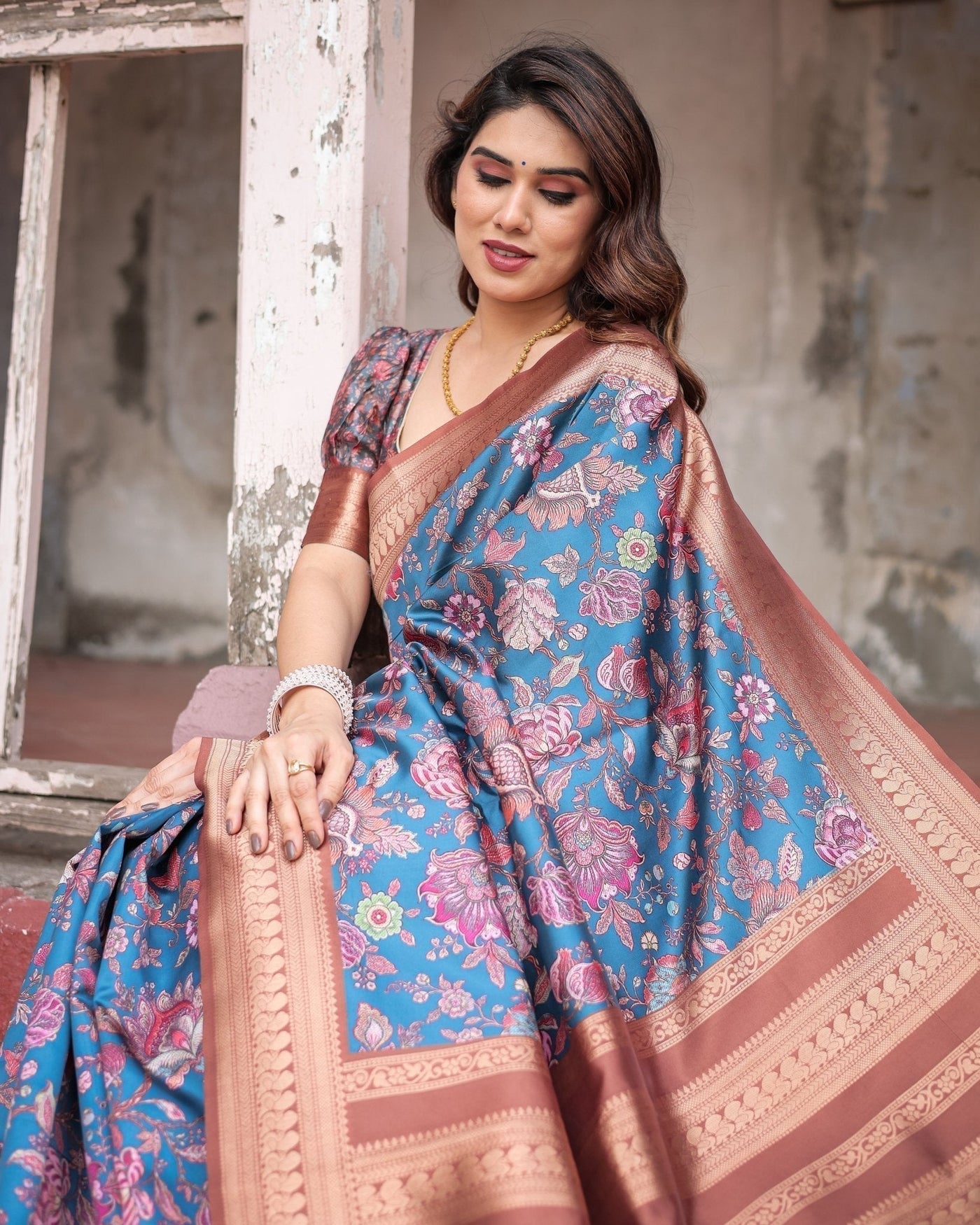 Pure Banarasi Digitally Printed Silk Saree Weaved With Zari Comes With Tassels - Almaari Fashion