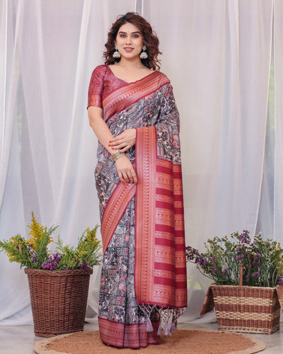 Pure Banarasi Digitally Printed Silk Saree Weaved With Zari Comes With Tassels. - Almaari Fashion