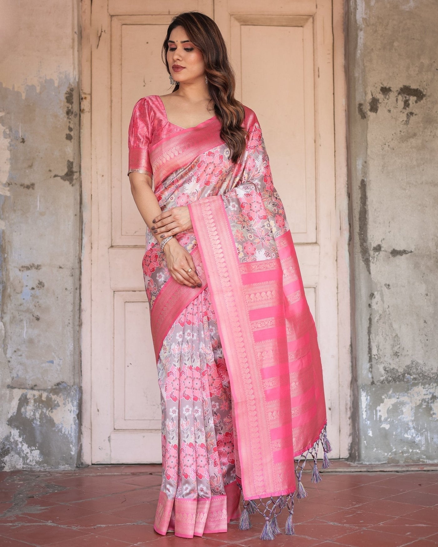 Pure Banarasi Digitally Printed Silk Saree Weaved With Zari Comes With Tassels. - Almaari Fashion