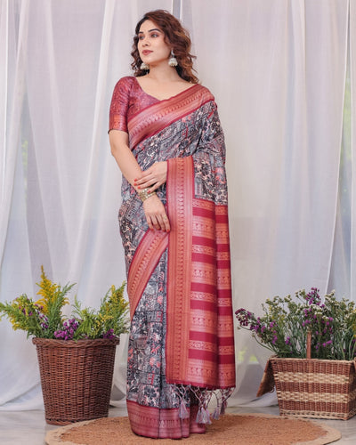 Pure Banarasi Digitally Printed Silk Saree Weaved With Zari Comes With Tassels. - Almaari Fashion