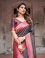 Black Banarasi Silk Saree with Intricate Pink Zari Border & Traditional Motifs