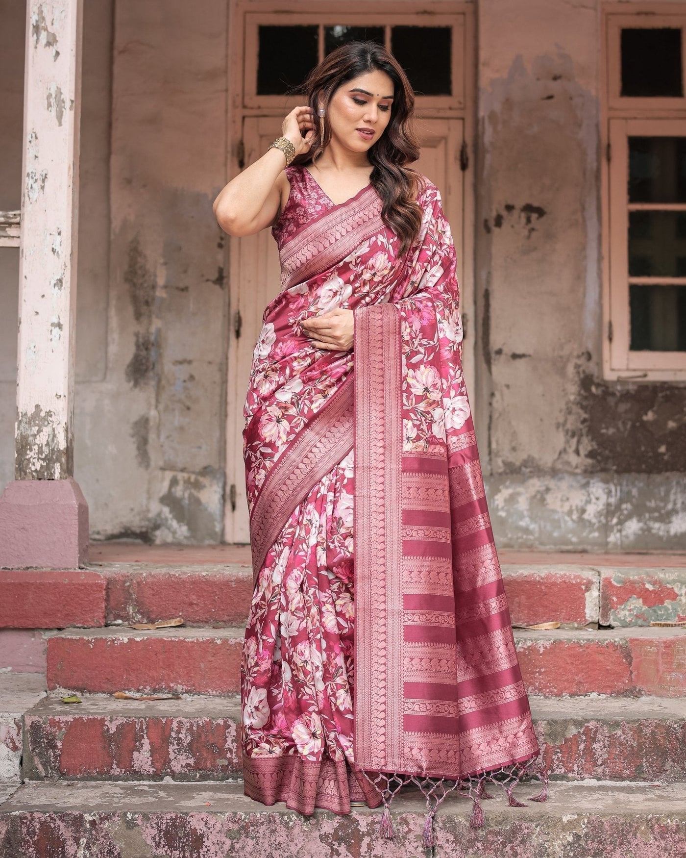 Pure Banarasi Digitally Printed Silk Saree Weaved With Zari Comes With Tassels - Almaari Fashion