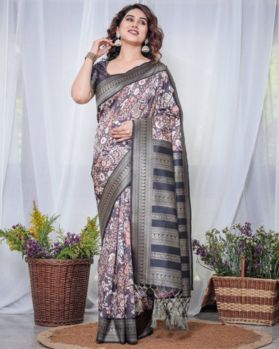 Pure Banarasi Digitally Printed Silk Saree Weaved With Zari Comes With Tassels. - Almaari Fashion