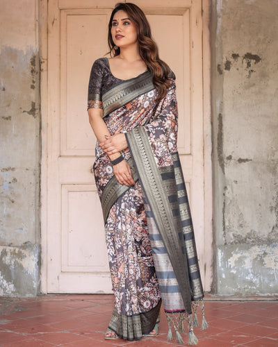 Pure Banarasi Digitally Printed Silk Saree Weaved With Zari Comes With Tassels. - Almaari Fashion