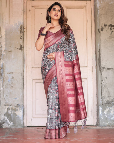 Pure Banarasi Digitally Printed Silk Saree Weaved With Zari Comes With Tassels. - Almaari Fashion