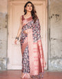 Black Banarasi Silk Saree with Bold Leaf Digital Print & Rosy Pink Zari Border