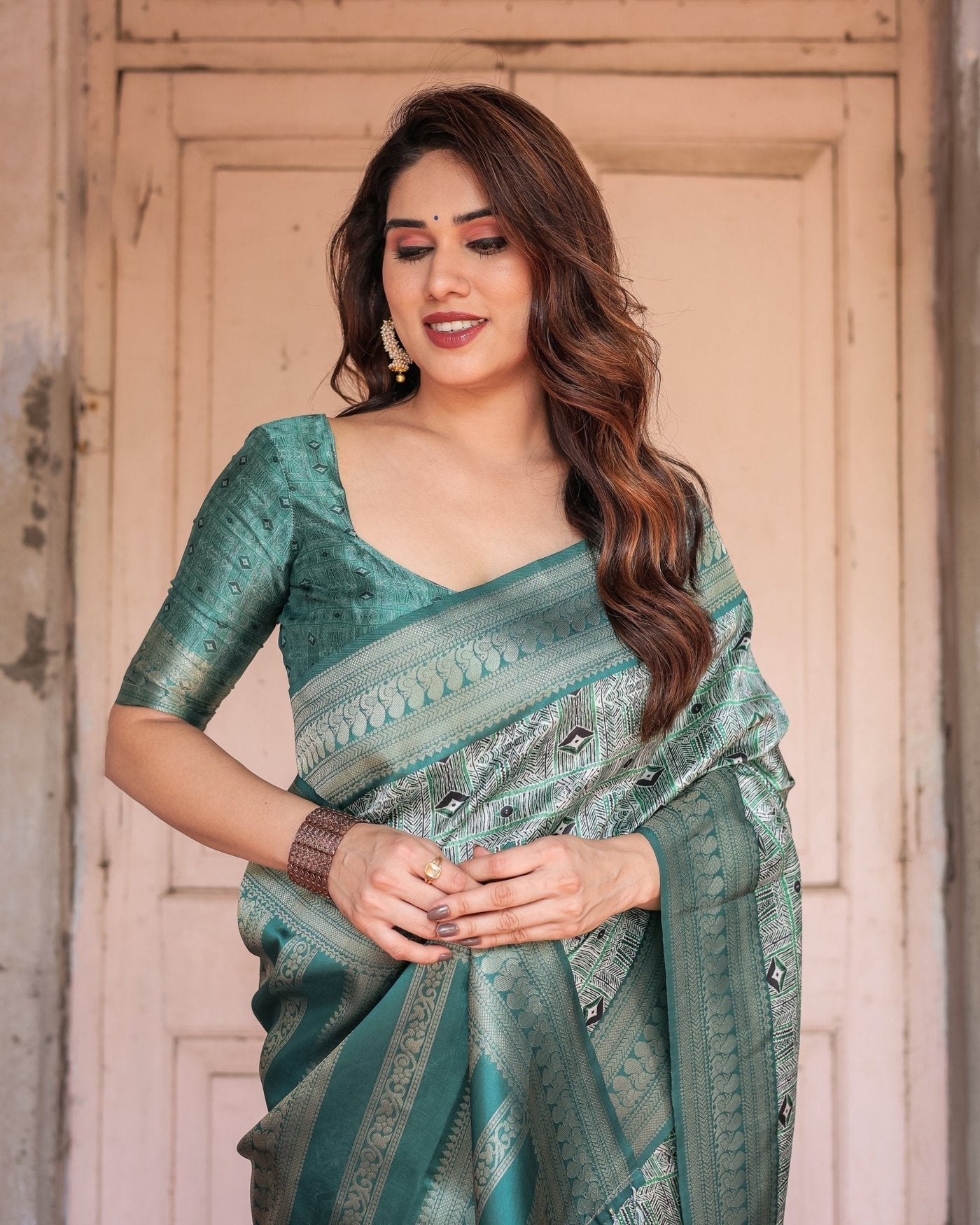 Pure Banarasi Digitally Printed Silk Saree Weaved With Zari Comes With Tassels. - Almaari Fashion