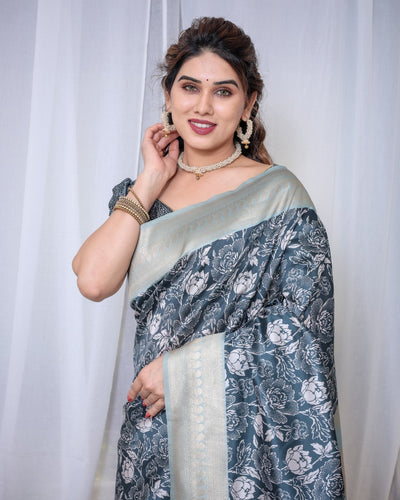 Pure Banarasi Digitally Printed Silk Saree Weaved With Zari Comes With Tassels. - Almaari Fashion