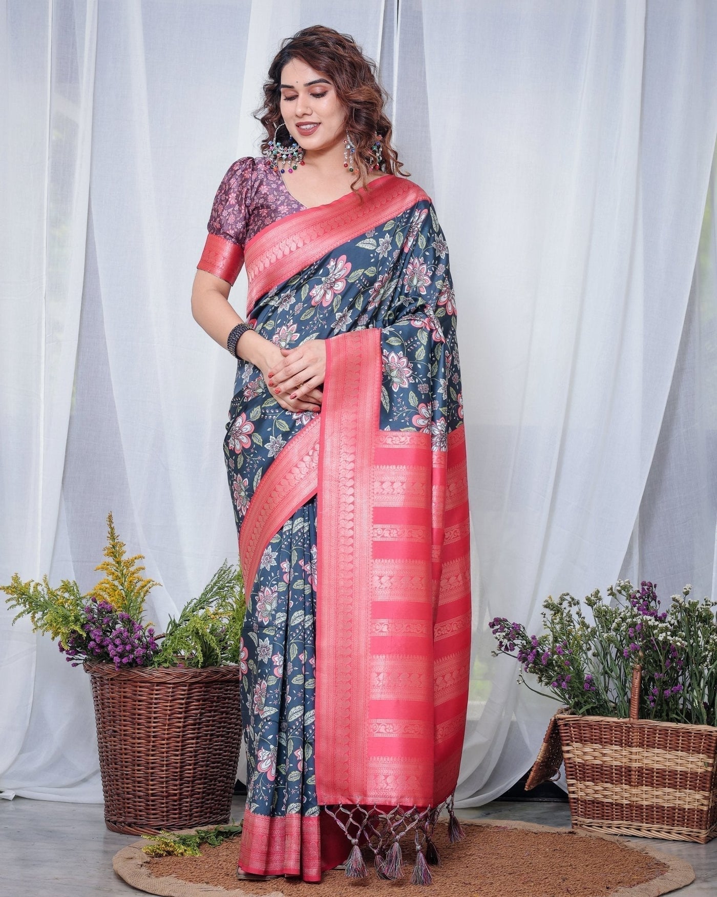 Pure Banarasi Digitally Printed Silk Saree Weaved With Zari Comes With Tassels. - Almaari Fashion