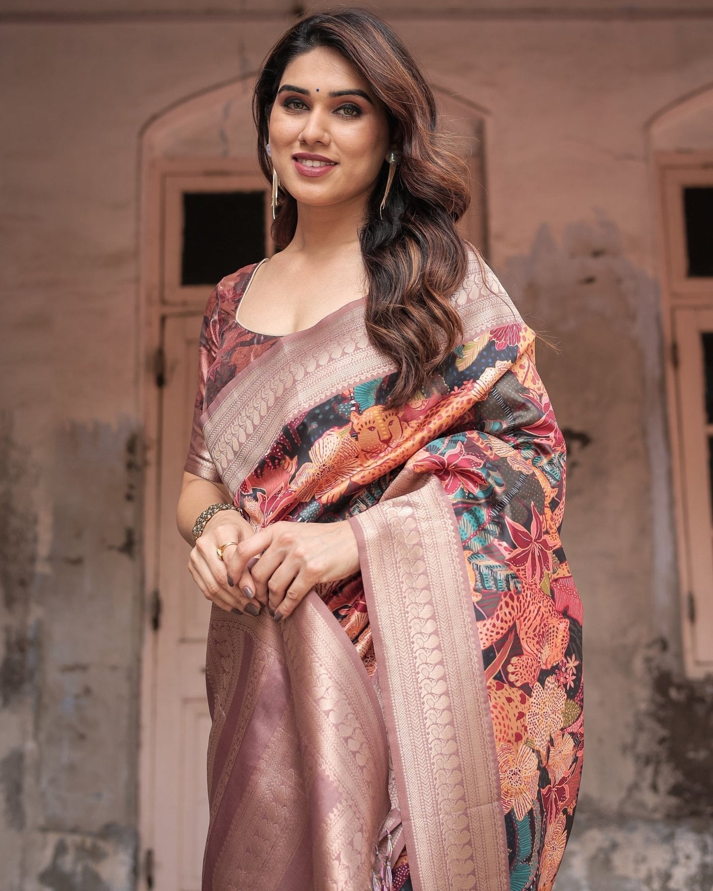 Pure Banarasi Digitally Printed Silk Saree Weaved With Zari Comes With Tassels - Almaari Fashion