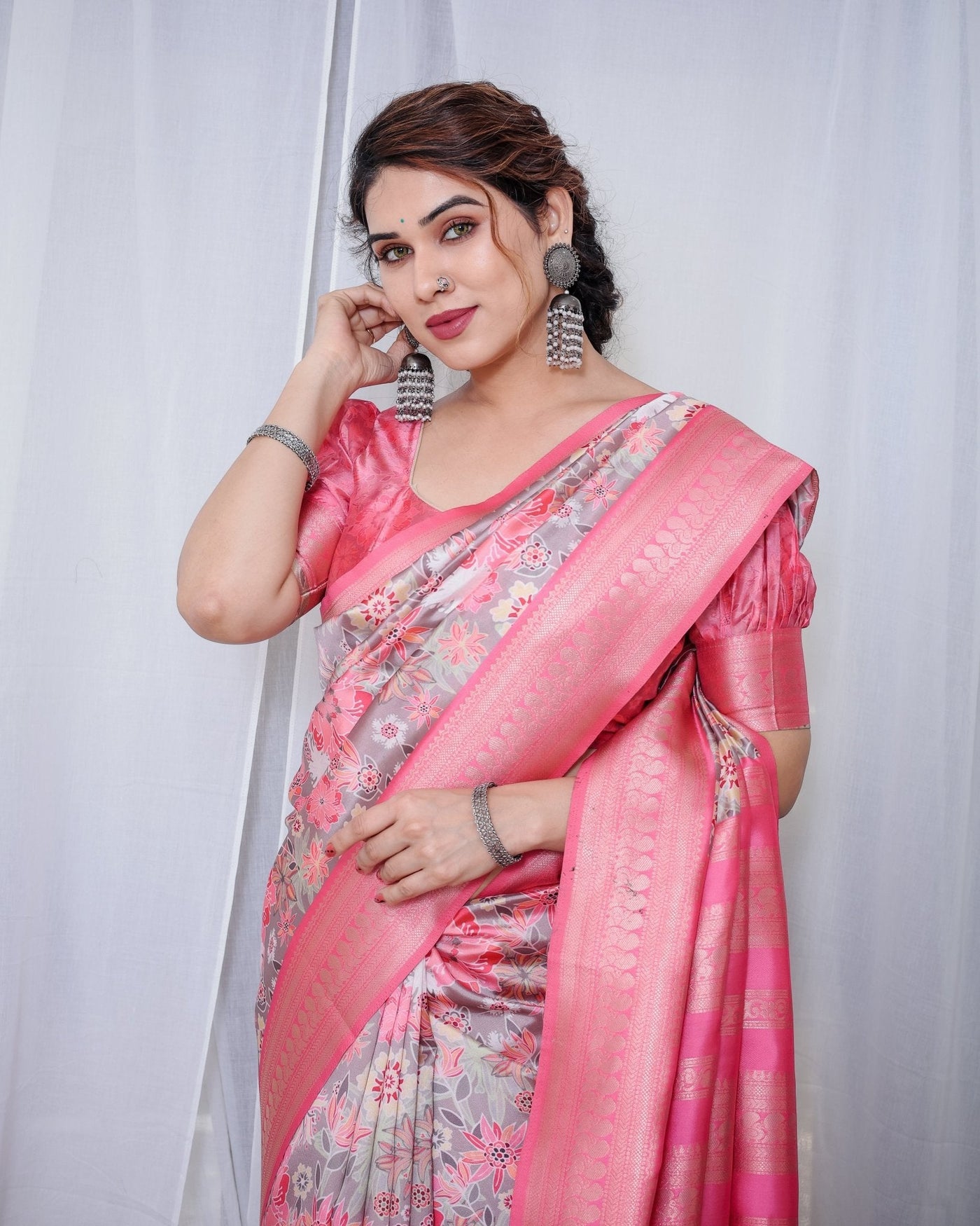 Pure Banarasi Digitally Printed Silk Saree Weaved With Zari Comes With Tassels. - Almaari Fashion