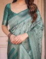 Teal Green Banarasi Silk Saree with Geometric Digital Print & Intricate Zari Border