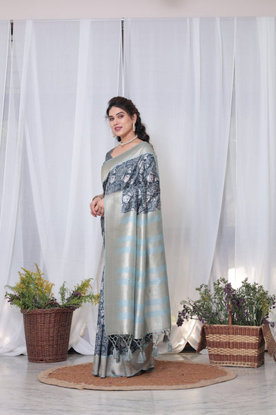 Pure Banarasi Digitally Printed Silk Saree Weaved With Zari Comes With Tassels. - Almaari Fashion