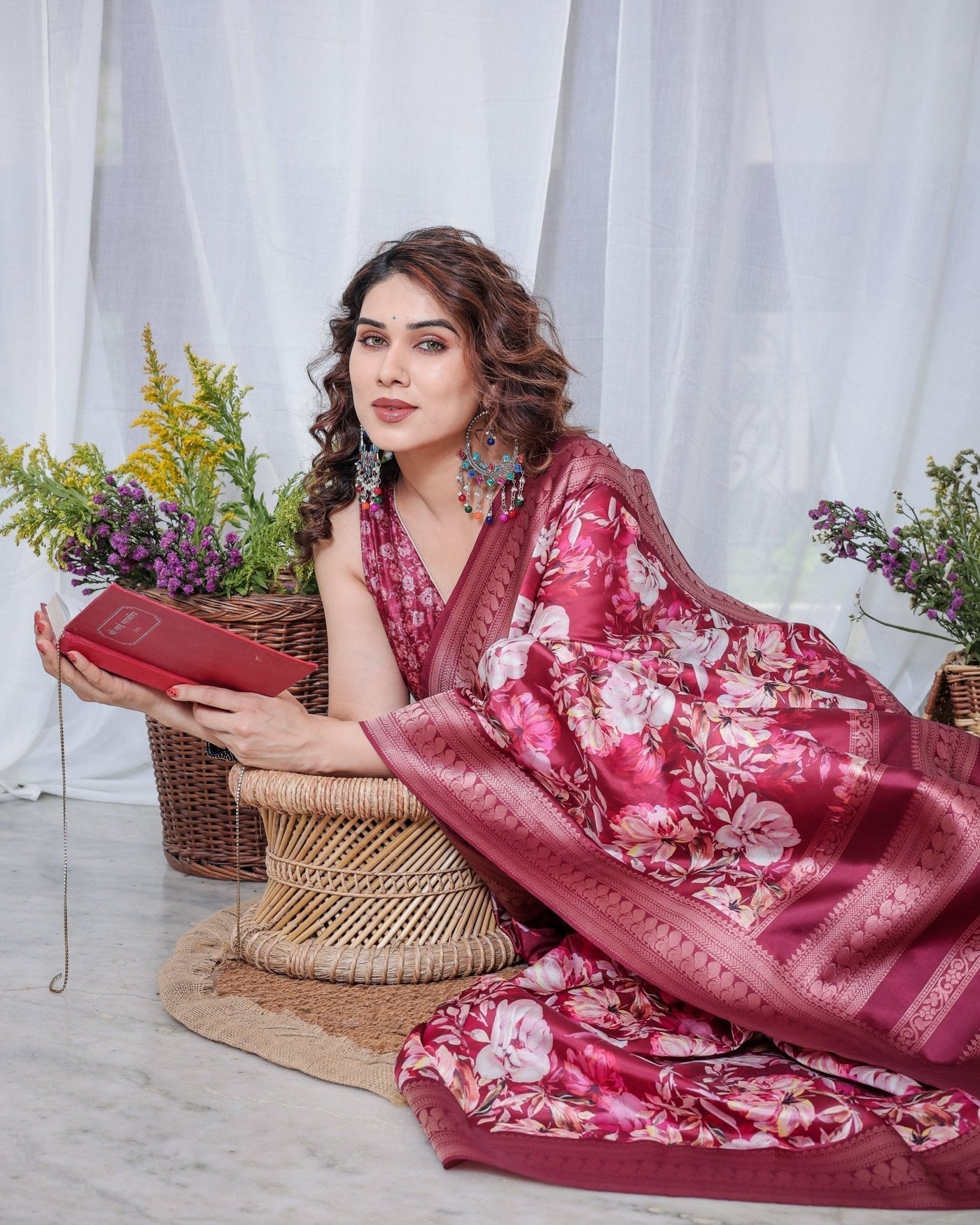 Pure Banarasi Digitally Printed Silk Saree Weaved With Zari Comes With Tassels. - Almaari Fashion